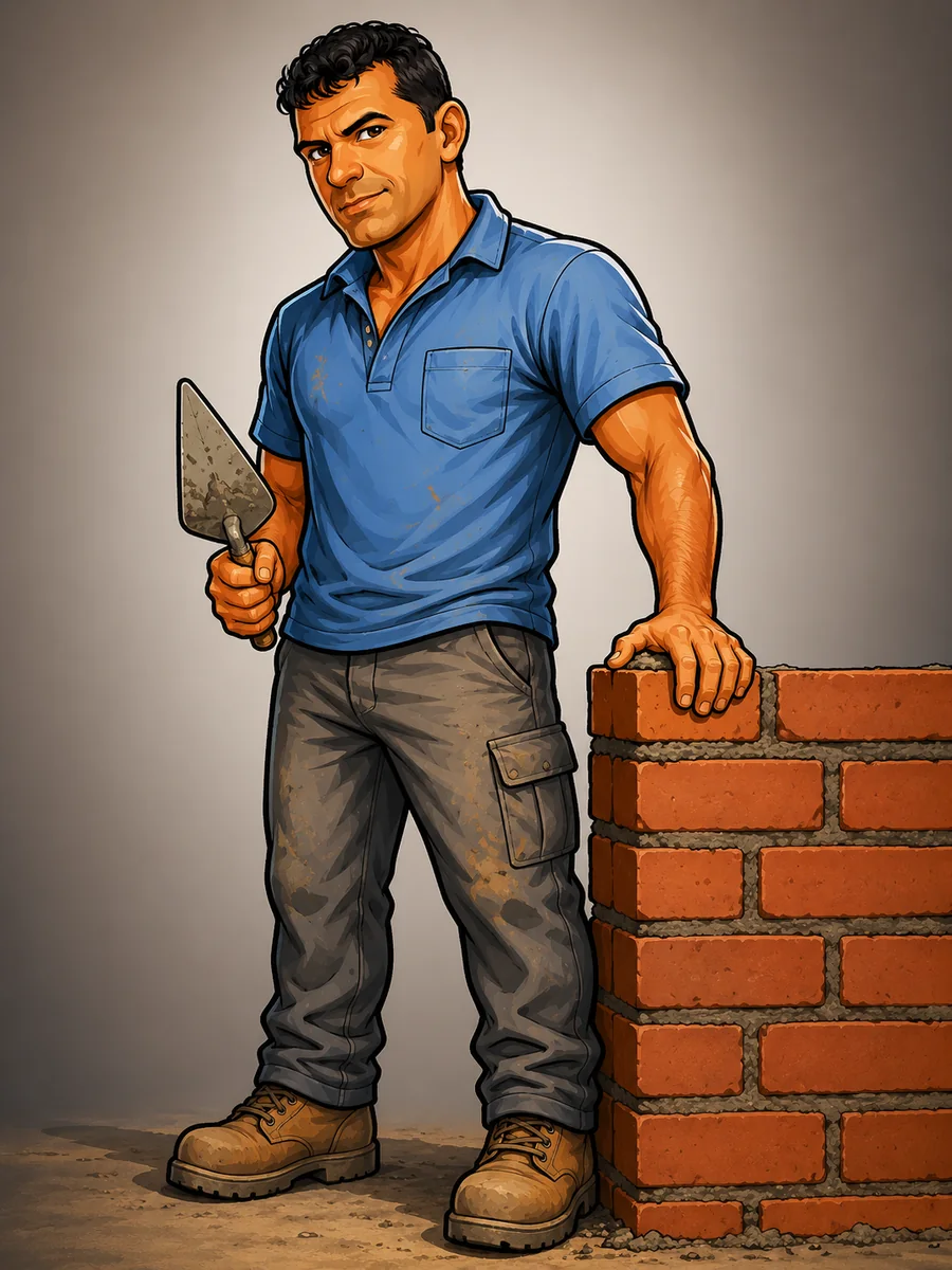 Ilustração de profissional da construção segurando uma colher de pedreiro ao lado de uma parede de tijolos